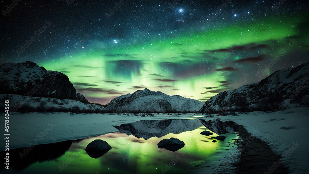 A stunning shot of the Northern Lights (Aurora borealis) with a starry night sky in the background, 