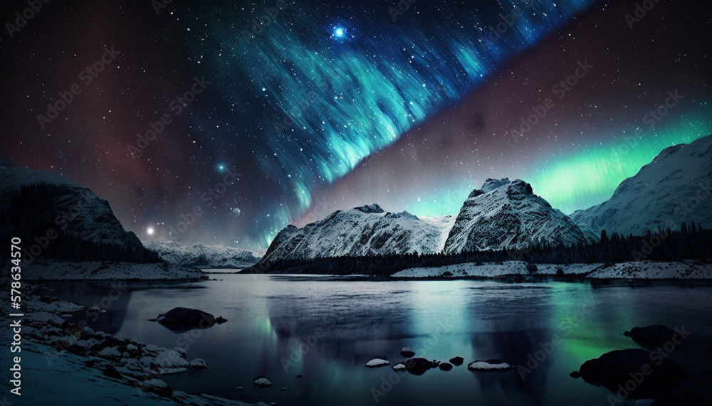 A stunning shot of the Northern Lights (Aurora borealis) with a starry night sky in the background, 