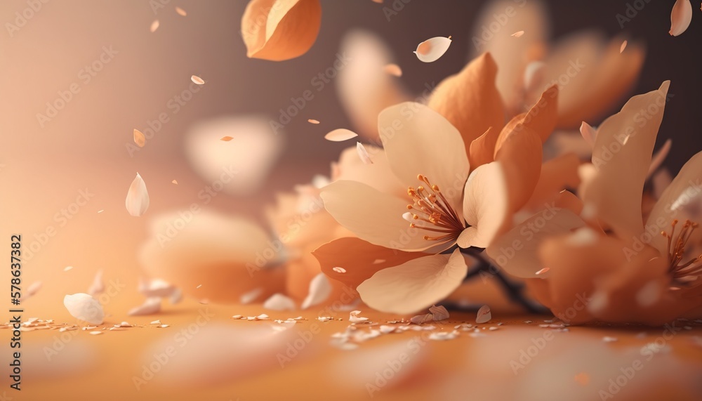 Petals of cherry blossom blown by the wind. Sakura flowers. Generative AI