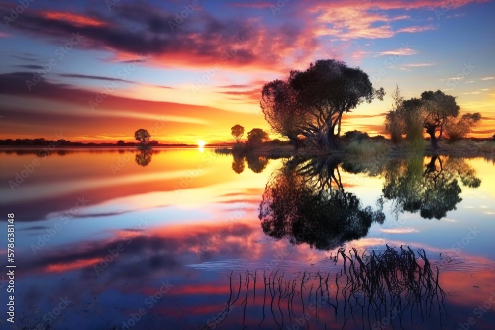 A sunset over a calm lake, with vibrant colors and reflections in the water, generative ai