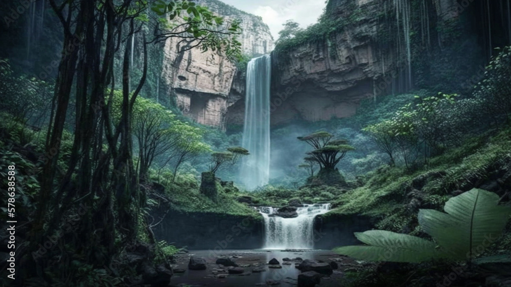 A majestic waterfall surrounded by exuberant greenery, generative ai