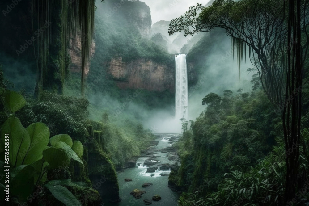 A majestic waterfall surrounded by exuberant greenery, generative ai