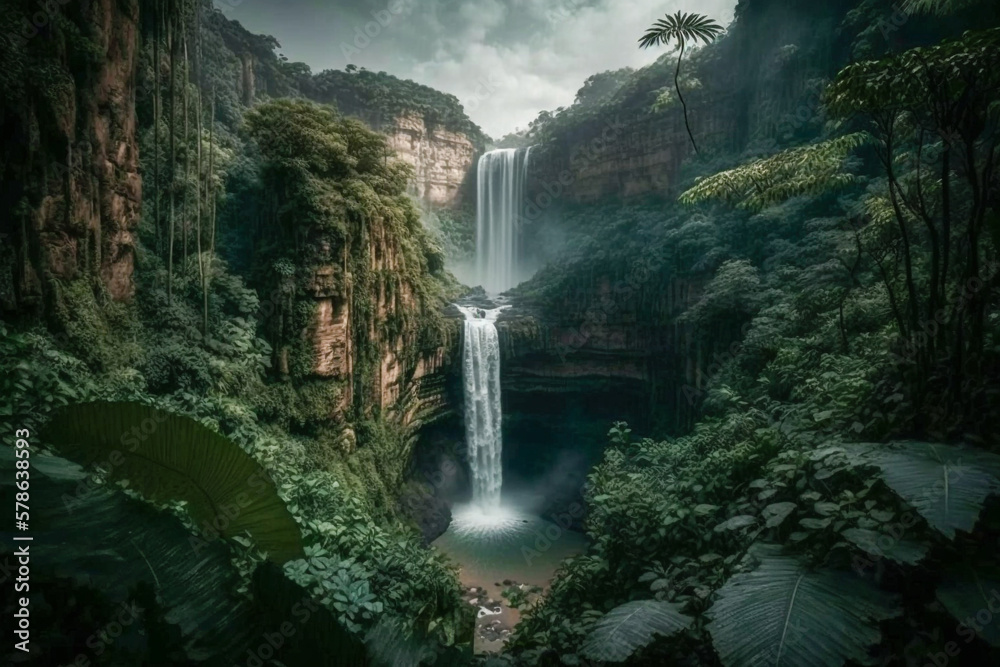 A majestic waterfall surrounded by exuberant greenery, generative ai