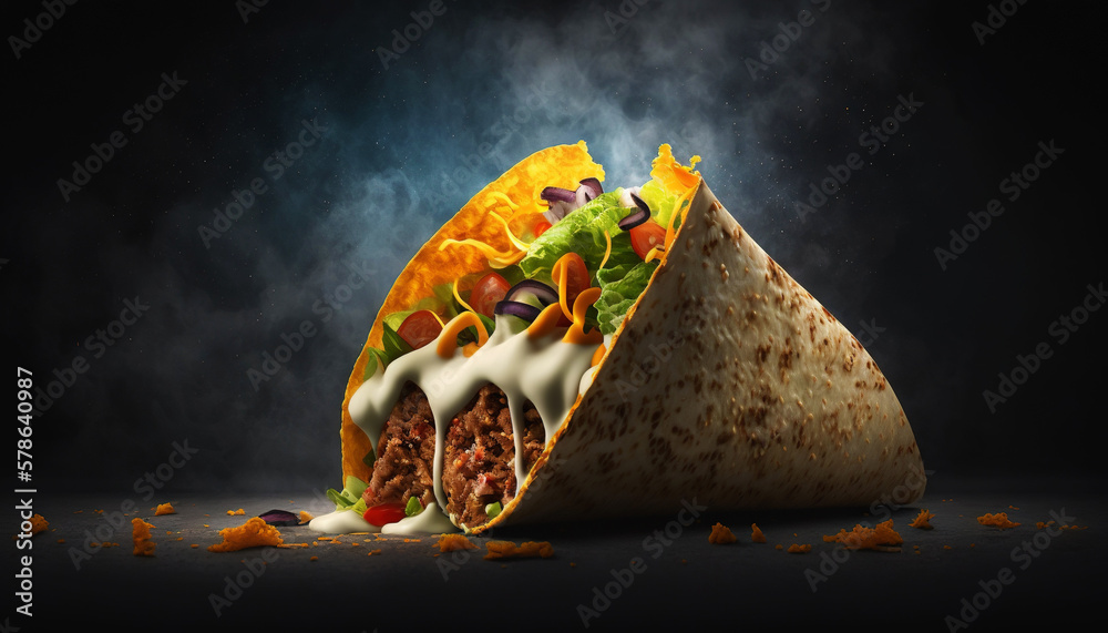 Super delicious taco with mustard and vegetables on dark background. Generative AI