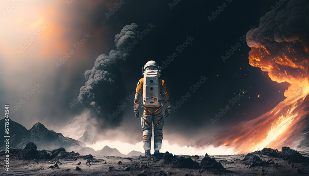 Astronaut standing on a soil of alien rocky planet. Generative AI.