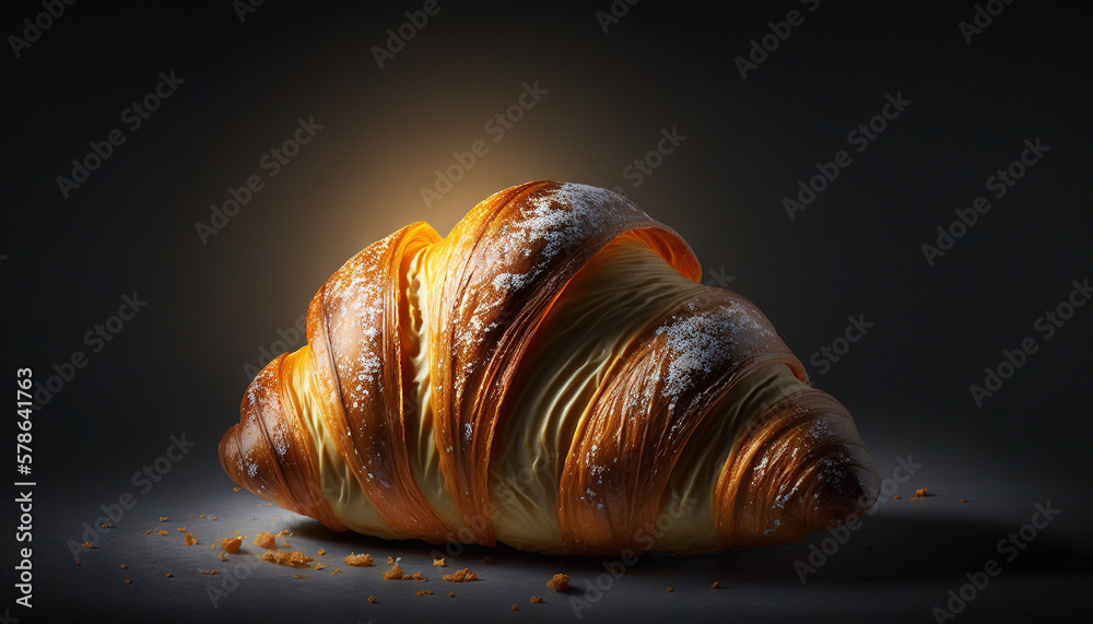 Super delicious freshly baked croissant on dark backdrop. Generative AI