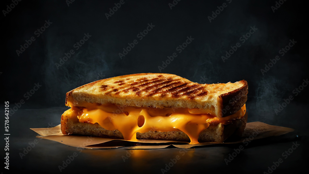 Super delicious grilled cheese sandwich on dark background. Generative AI