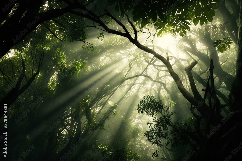 A forest canopy shot with rays of sunshine filtering through the trees, creating a mystical atmosphe