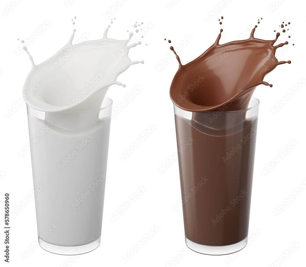 Chocolate and Milk Splash in the glass on white background with clipping path,3d rendering.