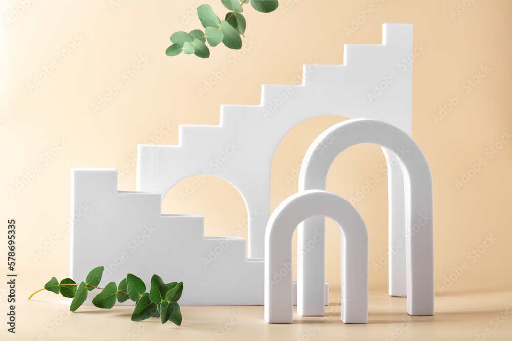 Abstract background with various geometrical forms and podiums in pastel color for product presentat