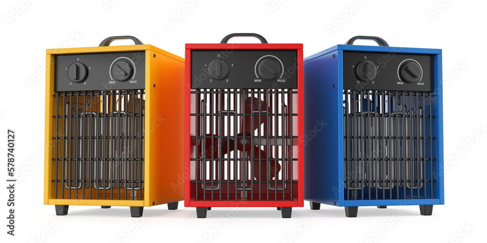 Three industrial electric fan heaters with different colors