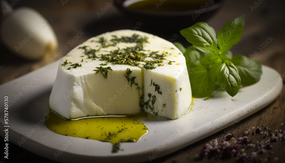 Cheese Platter: Mozzarella, Olives, and Fresh Basil with a Side of Crusty Bread - ai generated