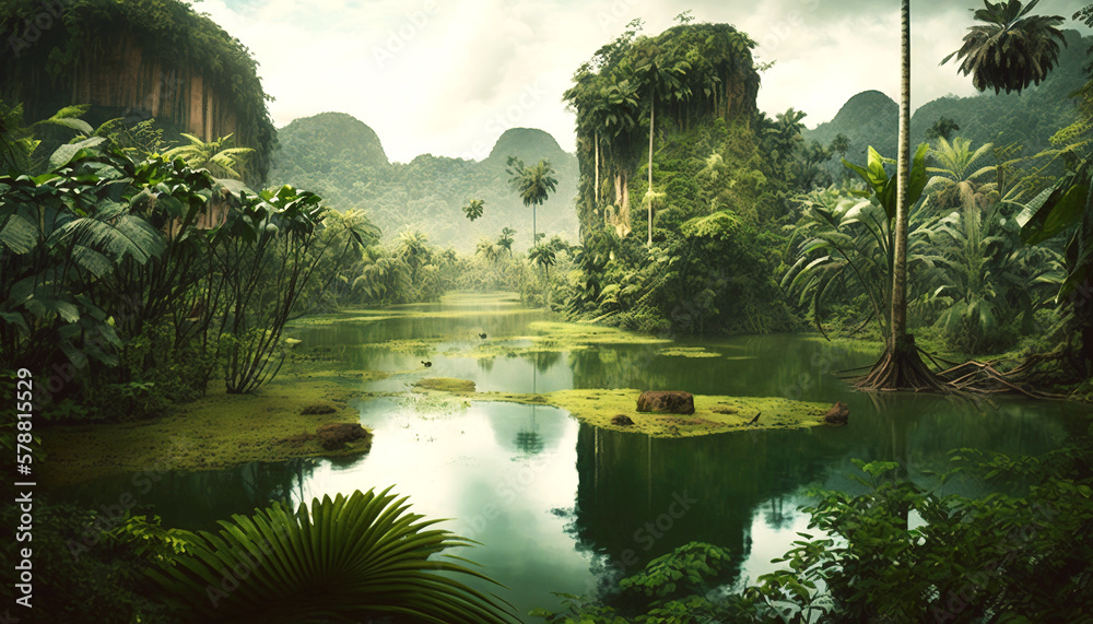 Tropical jungle with river. Green scenery of paradise forest. Generative AI