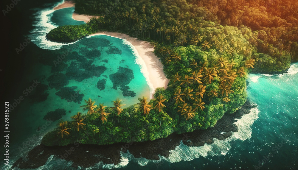 Tropical jungle on the ocean shore. Paradise landscape. Generative AI