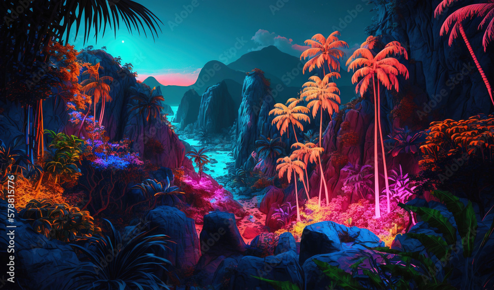 Tropical jungle in vibrant gradient neon colors. Synthwave rain forest. Generative AI