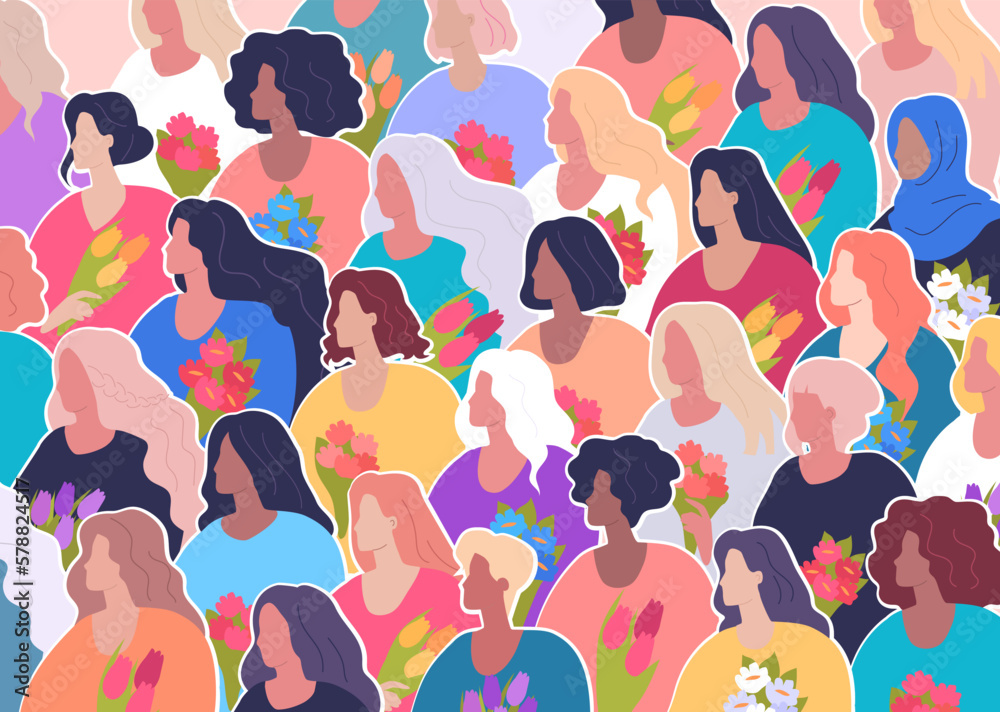 Different beautiful women with flowers. Happy womens day, colorful spring illustration