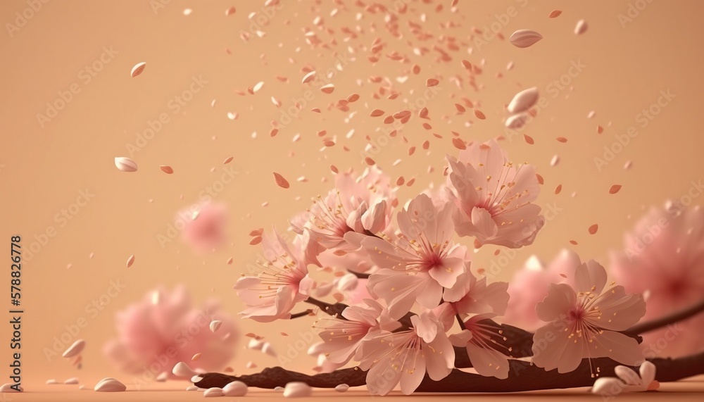 Petals of cherry blossom blown by the wind. Sakura flowers. Generative AI