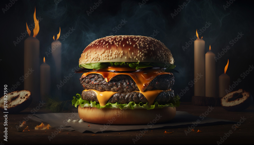 Super delicious hamburger with fresh vegetables on dark background. Generative AI