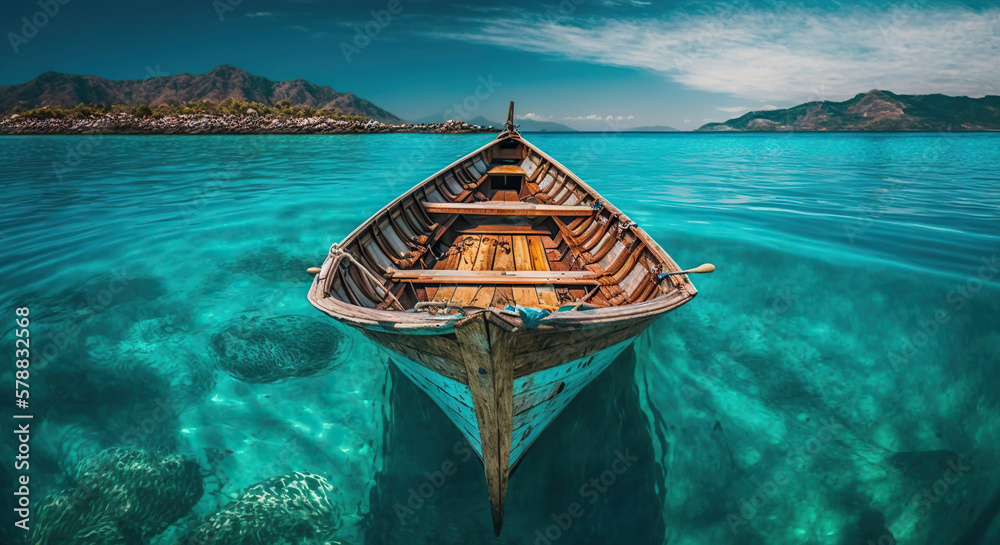 Wooden fishing boat in paradise turquoise waters. Tropical sea landscape with boat. Generative AI