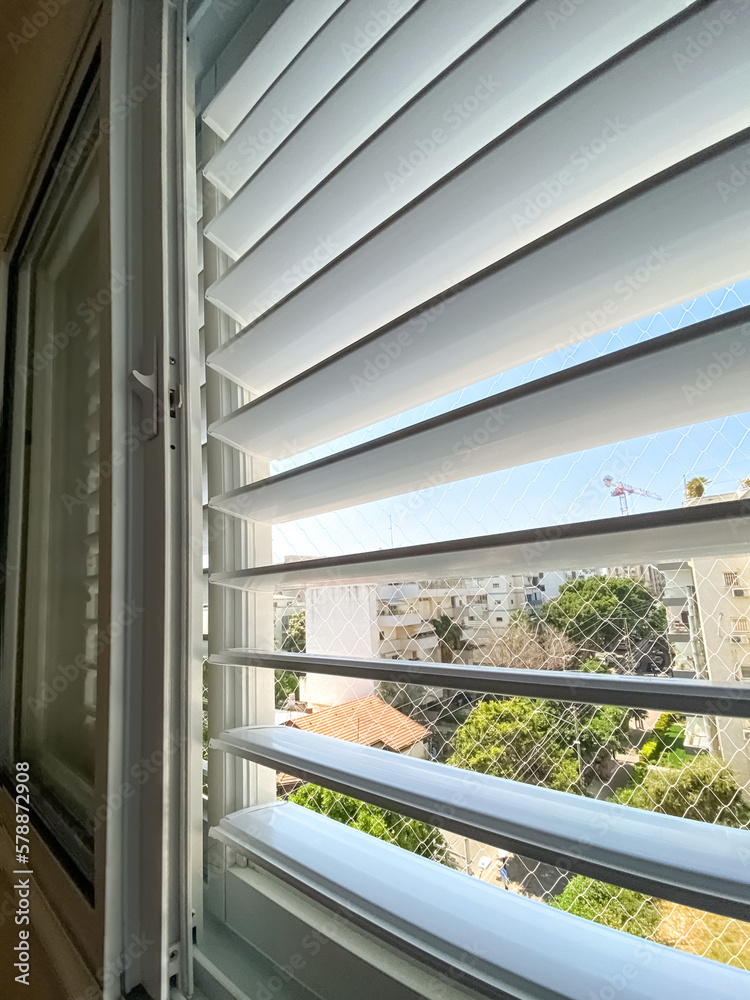 Window with blinds in room, closeup