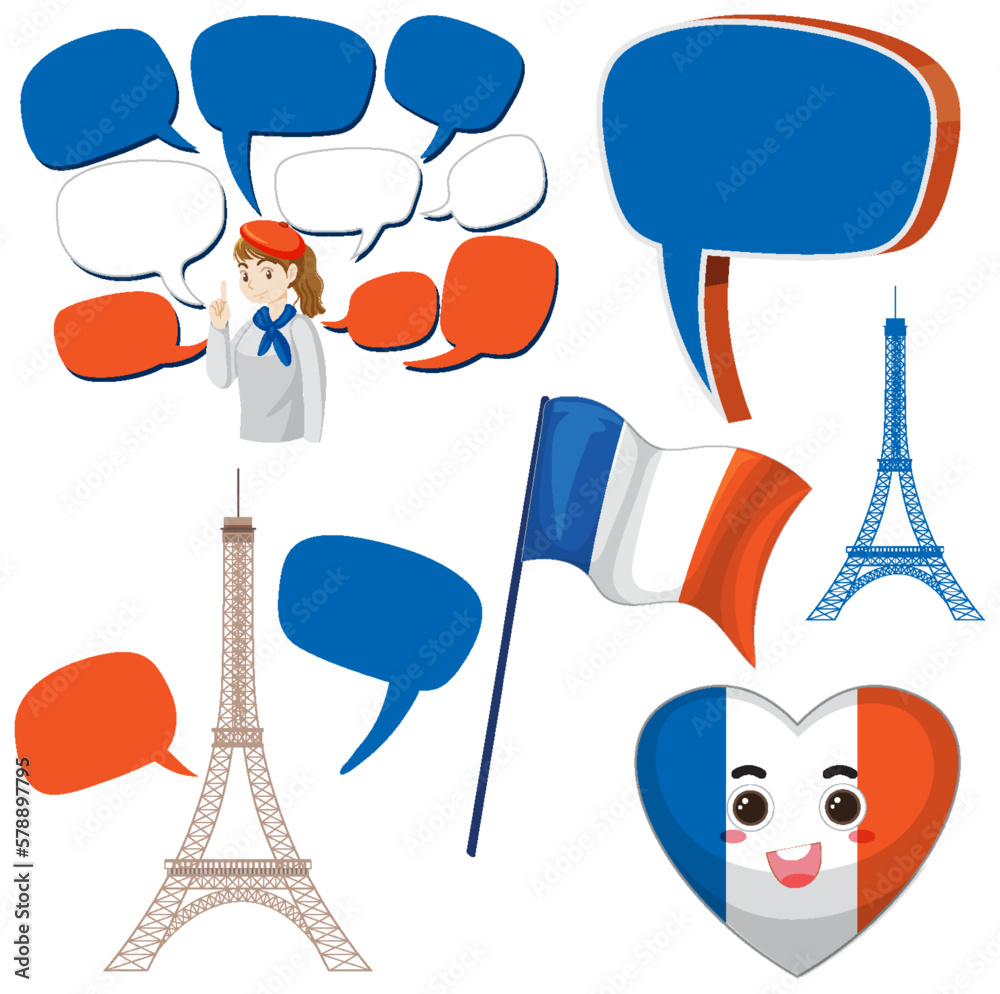 France icons set with speech bubbles