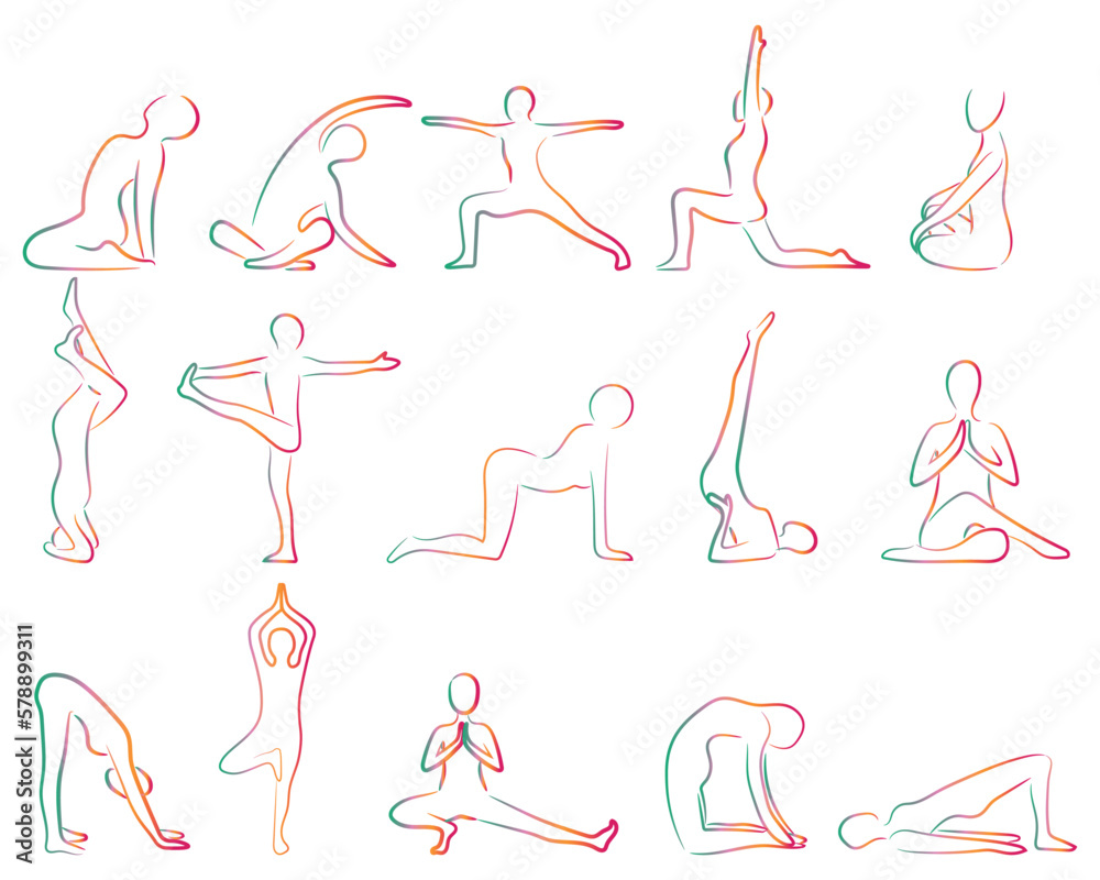 Many silhouettes of human doing yoga on white background