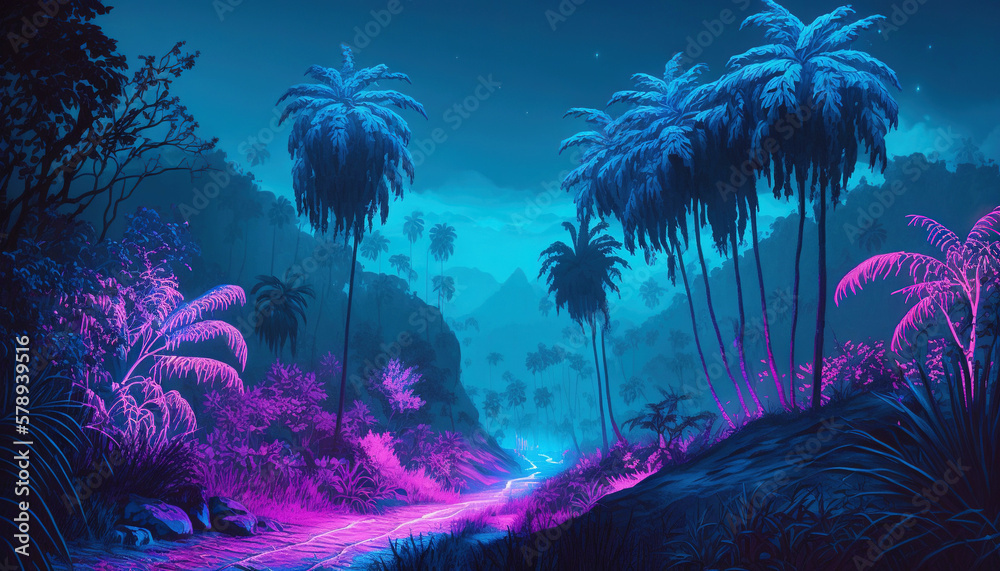 Tropical jungle in vibrant gradient neon colors. Synthwave rain forest. Generative AI