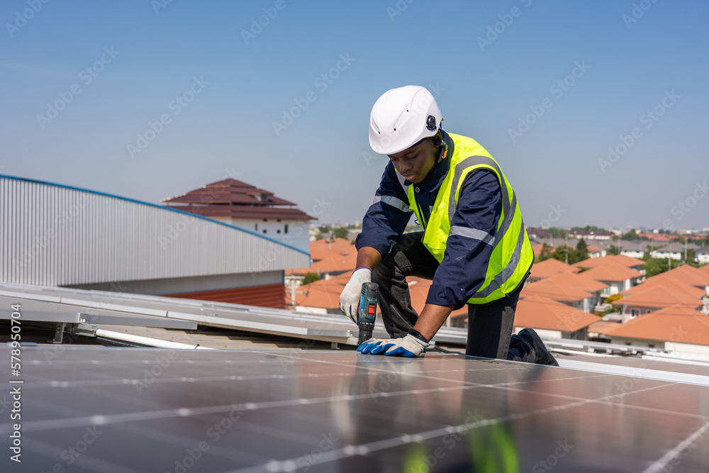 Professional engineer work to maintenance of photovoltaic panel system. 