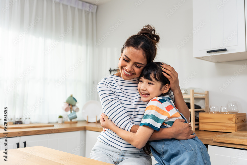 Caucasian happy family, parent spend free time with kid together at home. 