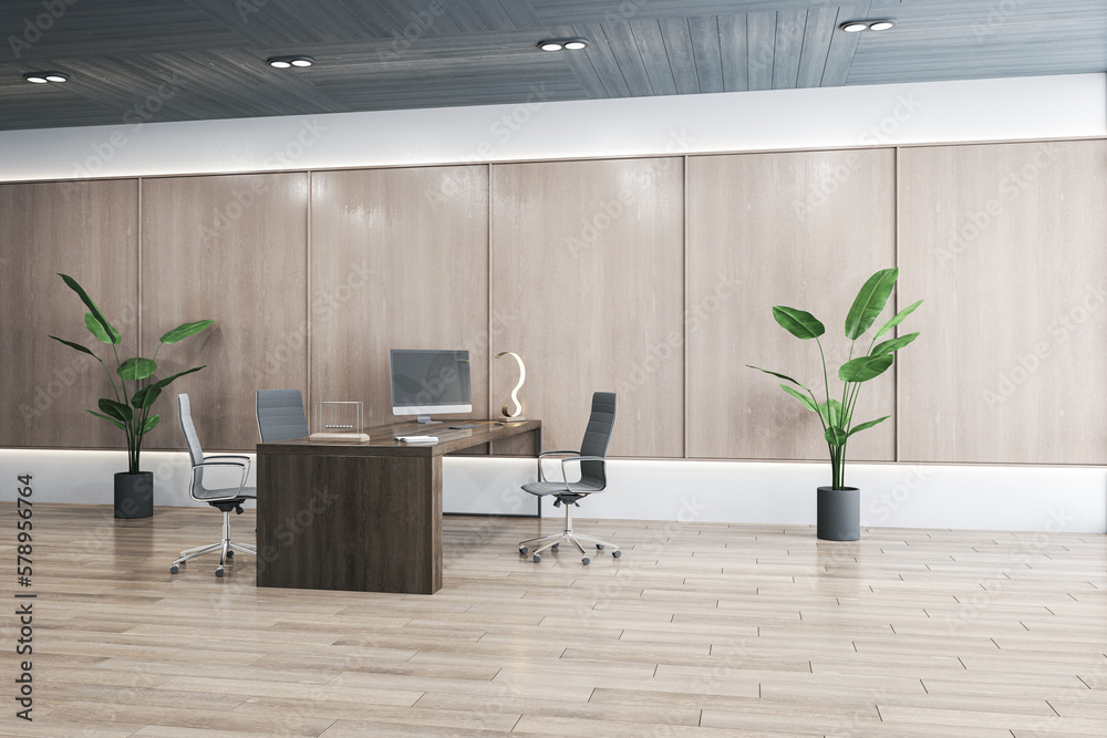 Clean wooden office interior with furniture. 3D Rendering.