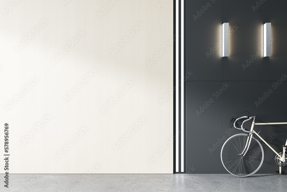 Modern interior with blank mock up place on wall, bike and lamps. Design and loft decor concept. 3D 