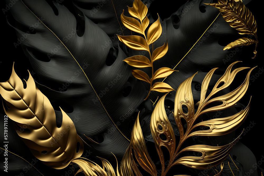 Black and gold tropical leaves background. Golden foliage leaf texture. View of palm plants. Generat