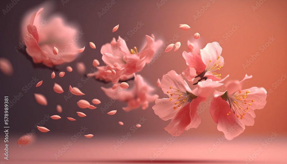 Petals of cherry blossom blown by the wind. Sakura flowers. Generative AI