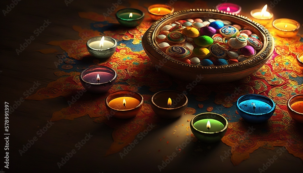 Diya lit lamps on rangoli. Diwali celebration concept. Generative AI