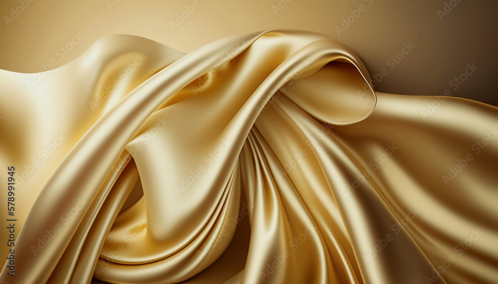 Elegant smooth golden silk. Warped silk cloth. Generative AI