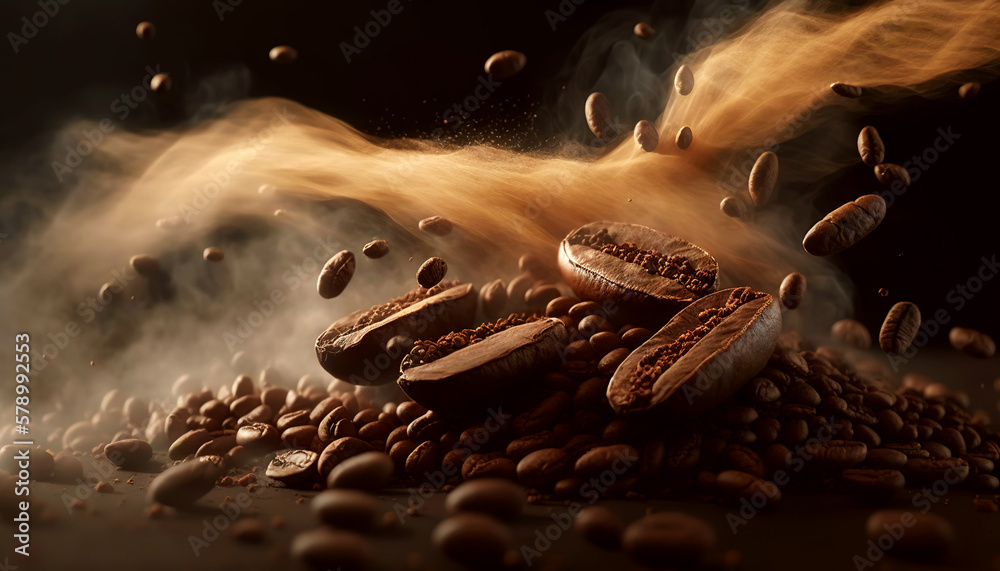 Roasted coffee beans. Brown smoke of coffee aroma. Generative AI