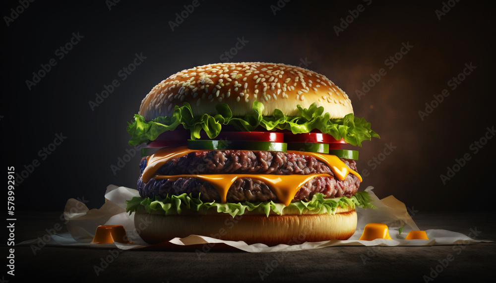 Super delicious hamburger with fresh vegetables on dark background. Generative AI