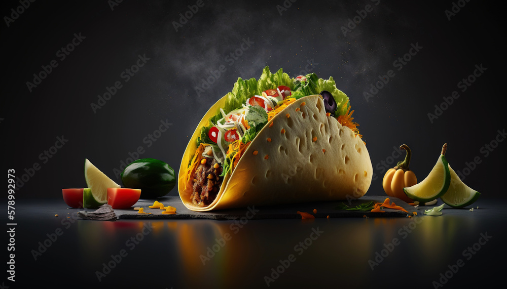 Super delicious taco with mustard and vegetables on dark background. Generative AI