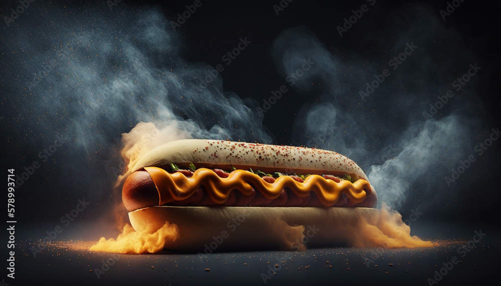 Super delicious hot dog with mustard and vegetables on dark background. Generative AI