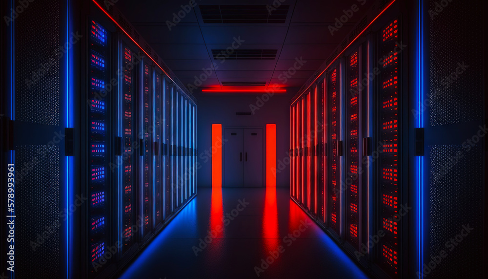 Data center with rows of servers. Big data storage room with many blinking lights. Generative AI