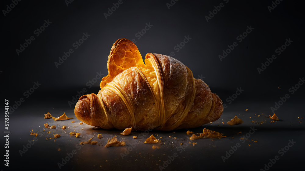 Super delicious freshly baked croissant on dark backdrop. Generative AI