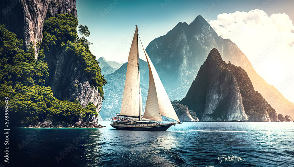 Sailing Yacht in paradise turquoise waters. Tropical sea landscape with boat. Generative AI