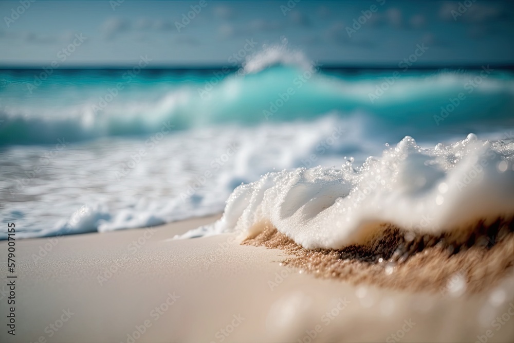 Close up white beach sand with blurred sea waves and sky background. Generative AI illustration.