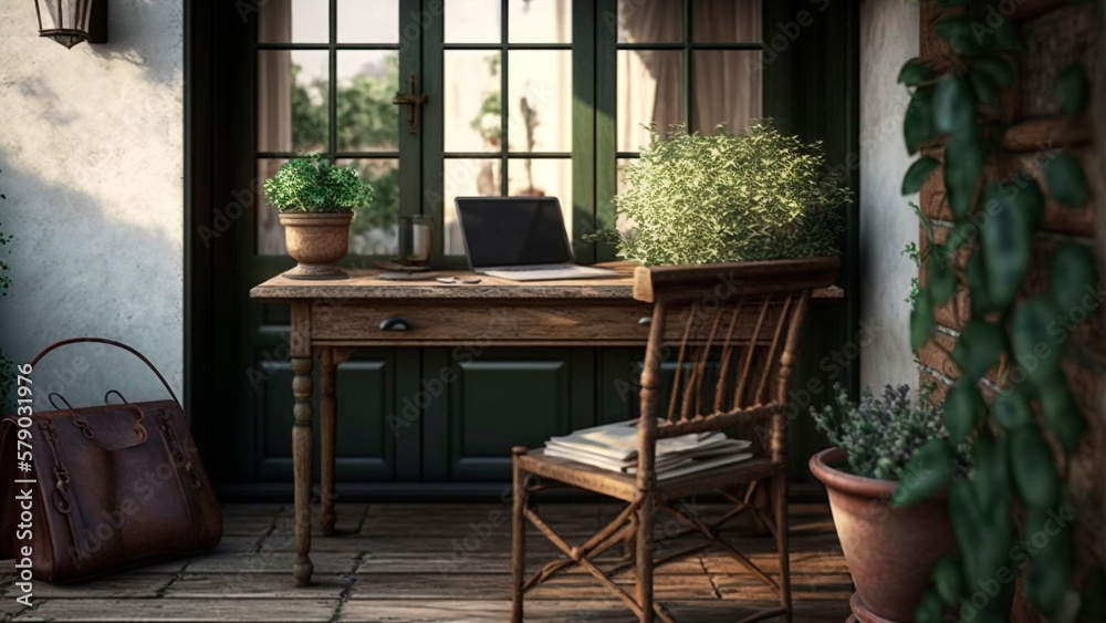 A home office with a garden indoors with a laptop on a rustic table, surrounded by greenery, fresh a