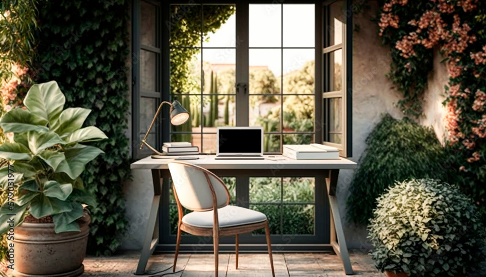 A home office with a garden indoors with a laptop on a rustic table, surrounded by greenery, fresh a