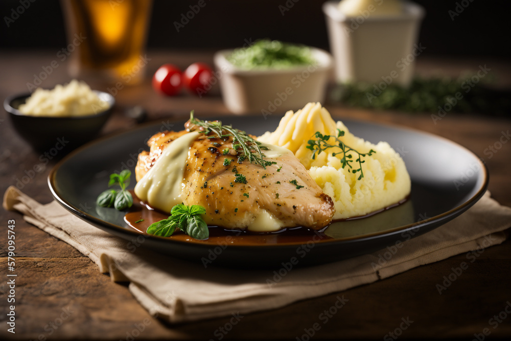 baked chicken fillet with mashed potatoes, created by a neural network, Generative AI technology