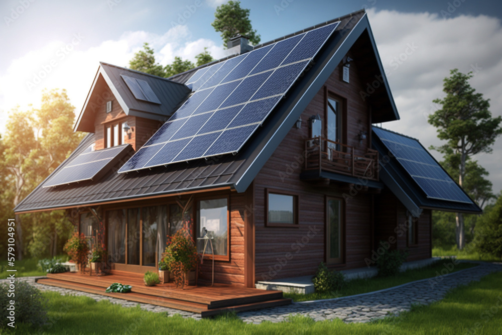 house with solar panels, created by a neural network, Generative AI technology