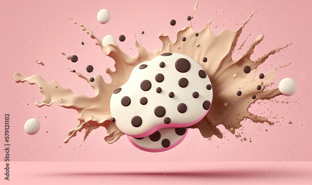  a cake with chocolate dots and milk splashing out of it on a pink background with a pink background