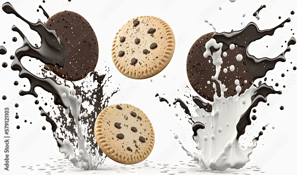  three cookies splashing into milk and milk splashing into the air with chocolate chips and milk on 