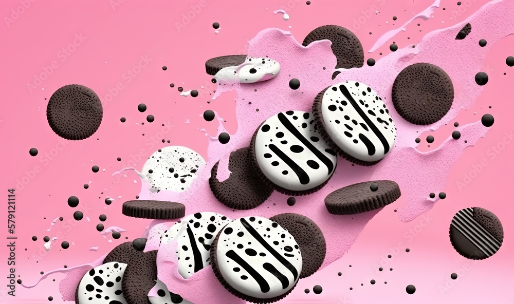  a pink background with cookies and oreo cookies on top of each other and a pink background with bla